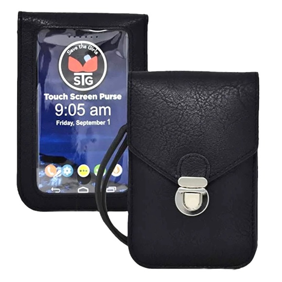 Black Vegan Touch Screen Phone Purse Wristlet Clutch Mini Bag RFID Card Wallet - Picture 1 of 16